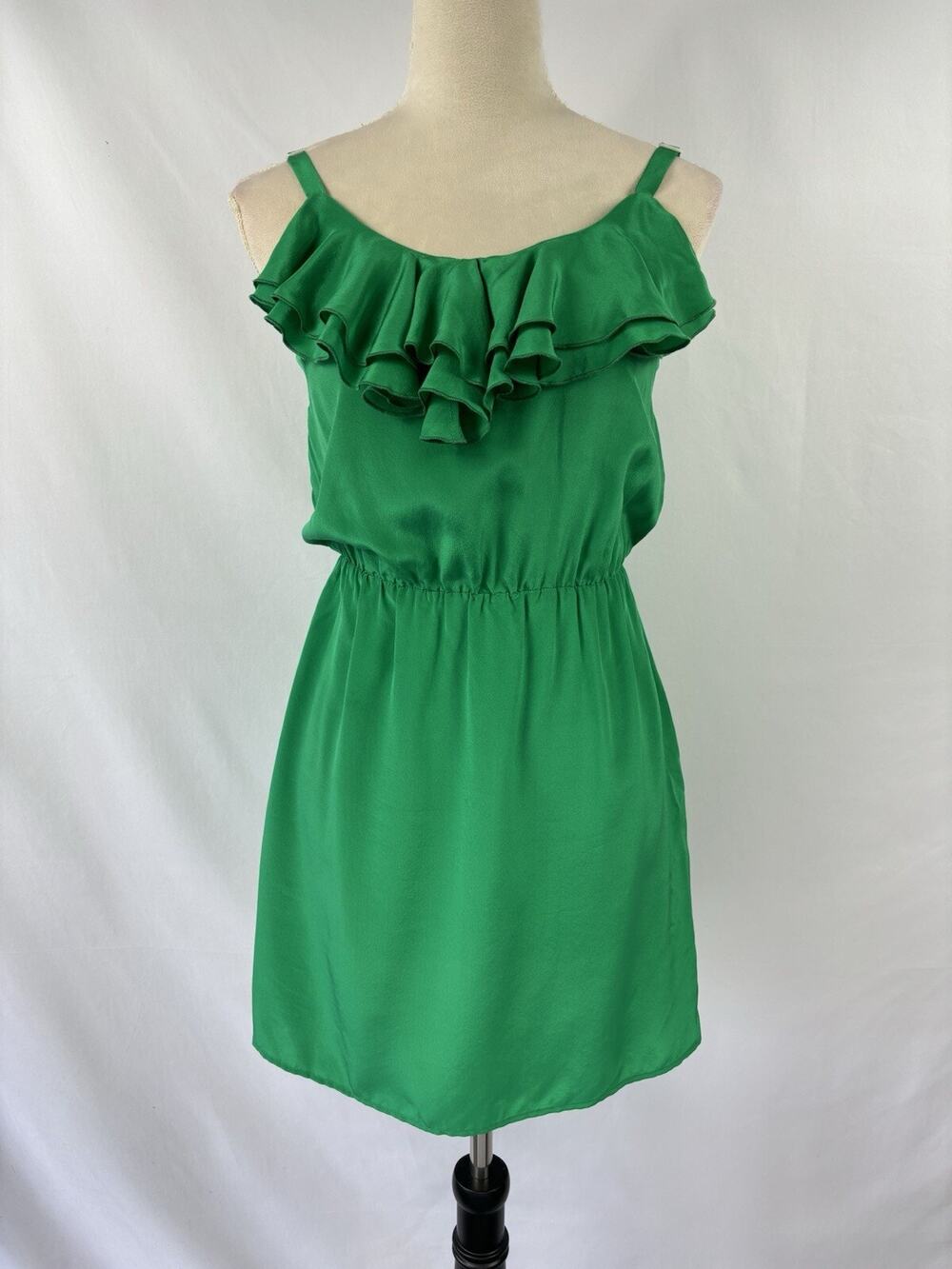 Amanda Uprichard Silk Mini Dress Bright Green Medium Ruffled Neck